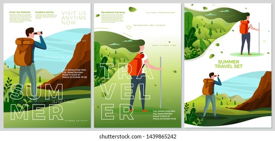 Vector summer camp travel posters set - man and woman outdoors. Forests, trees and hills on background. Print template with place for your text.