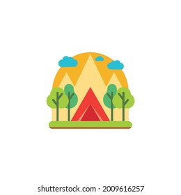 Vector summer, camping concept illustration with green valley, mountains, trees, sun, clouds, camp fire, camping tent good for kids