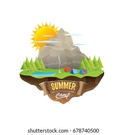 Vector summer camping concept illustration with green valley, mountains, trees, sun, clouds, camp fire, camping tent and blue lake. Summer camp logo or flyer illustration.