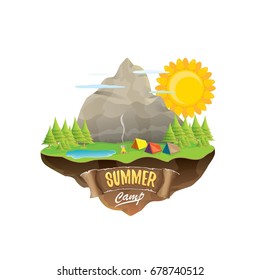 Vector summer camping concept illustration with green valley, mountains, trees, sun, clouds, camp fire, camping tent and blue lake. Summer camp logo or flyer illustration.