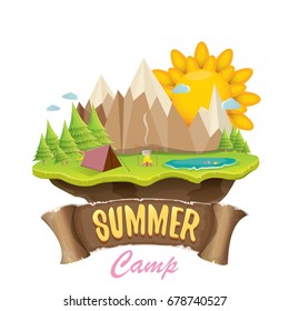 Vector summer camping concept illustration with green valley, mountains, trees, sun, clouds, camp fire, camping tent and blue lake. Summer camp logo or flyer illustration.