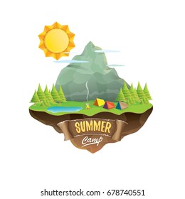 Vector summer camping concept illustration with green valley, mountains, trees, sun, clouds, camp fire, camping tent and blue lake. Summer camp logo or flyer illustration.