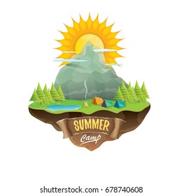 Vector summer camping concept illustration with green valley, mountains, trees, sun, clouds, camp fire, camping tent and blue lake. Summer camp logo or flyer illustration.
