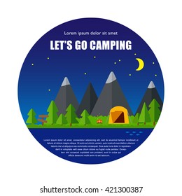 Vector summer camping concept. Outdoor camp vacation illustration. Nature background. Adventure tourism travel. Weekend relax banner poster