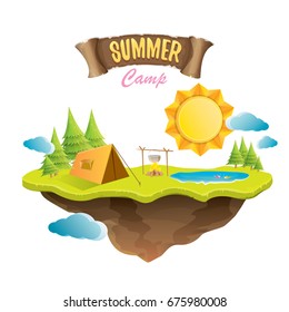 Vector summer camping lanscape concept illustration with green valley, grass, trees, sun, clouds, camp fire, camping tent and blue lake. Summer camp logo or flyer illustration.