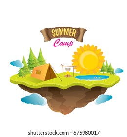 Vector summer camping lanscape concept illustration with green valley, grass, trees, sun, clouds, camp fire, camping tent and blue lake. Summer camp logo or flyer illustration.