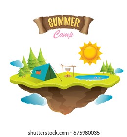 Vector summer camping lanscape concept illustration with green valley, grass, trees, sun, clouds, camp fire, camping tent and blue lake. Summer camp logo or flyer illustration.