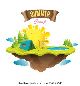 Vector summer camping lanscape concept illustration with green valley, grass, trees, sun, clouds, camp fire, camping tent and blue lake. Summer camp logo or flyer illustration.