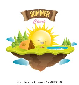 Vector summer camping lanscape concept illustration with green valley, grass, trees, sun, clouds, camp fire, camping tent and blue lake. Summer camp logo or flyer illustration.