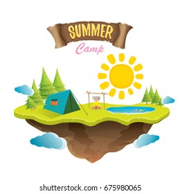 Vector summer camping lanscape concept illustration with green valley, grass, trees, sun, clouds, camp fire, camping tent and blue lake. Summer camp logo or flyer illustration.