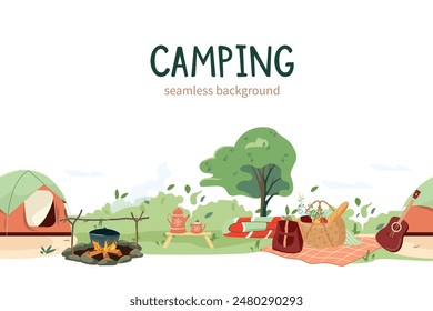 Vector summer camping picnic border. Hand drawn horizontal seamless pattern, camping cooking in cauldron on firewood, furniture, tent for relax outdoor. Great for textiles, banners, wallpaper