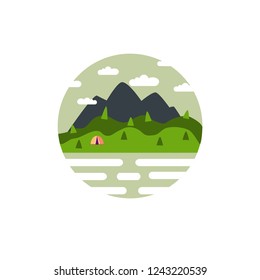 Vector summer campinng concept illustration with green valley, mountains, trees, clouds,camping tent and lake. Camping logo illustration.