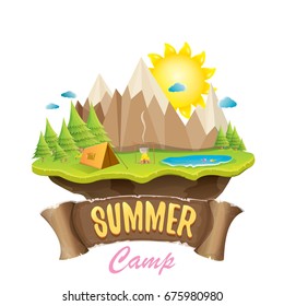 Vector summer campinng concept illustration with green valley, mountains, trees, sun, clouds, camp fire, camping tent and blue lake. Summer camp logo or flyer illustration.
