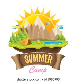 Vector summer campinng concept illustration with green valley, mountains, trees, sun, clouds, camp fire, camping tent and blue lake. Summer camp logo or flyer illustration.