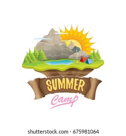 Vector summer campinng concept illustration with green valley, mountains, trees, sun, clouds, camp fire, camping tent and blue lake. Summer camp logo or flyer illustration.