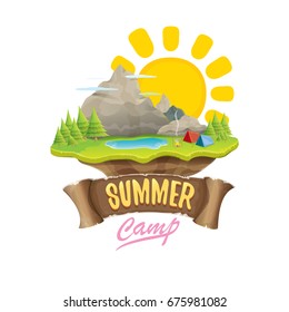 Vector summer campinng concept illustration with green valley, mountains, trees, sun, clouds, camp fire, camping tent and blue lake. Summer camp logo or flyer illustration.