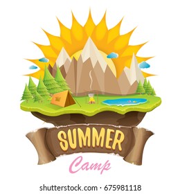 Vector summer campinng concept illustration with green valley, mountains, trees, sun, clouds, camp fire, camping tent and blue lake. Summer camp logo or flyer illustration.