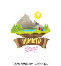 Vector summer campinng concept illustration with green valley, mountains, trees, sun, clouds, camp fire, camping tent and blue lake. Summer camp logo or flyer illustration.