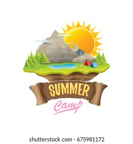 Vector summer campinng concept illustration with green valley, mountains, trees, sun, clouds, camp fire, camping tent and blue lake. Summer camp logo or flyer illustration.