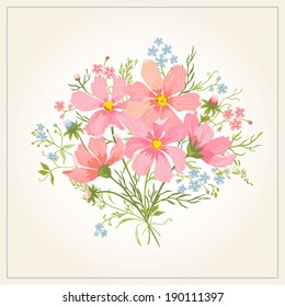 Vector summer card with a bouquet of romantic flowers on a white background.