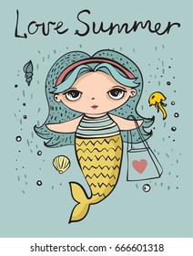 Vector summer card with cute fashion mermaid under the sea and funny hand drawn lettering