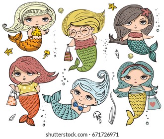 Vector summer card with cute fashion mermaids under the sea 