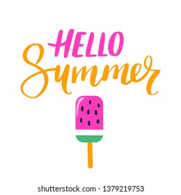 Vector summer card with cute pink ice cream-watermelon. Hello summer lettering. Trendy illustration. Colorful art for print design, greeting card, posters, party decorations.