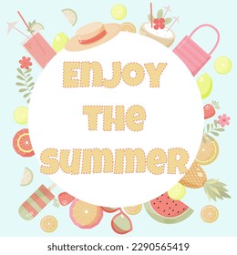 vector summer card enjoy summer with cute ice cream, drinks, fruits, glasses and flowers