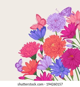 Vector summer card with flowers asters, daisies and butterflies in vintage style.