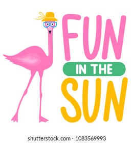 Vector summer card with funny pink flamingo. Trendy illustration. Tropical bird. Animal exotic. Element for print design, greeting card, posters, party decorations.  Cute flamingos. Fun in the sun.