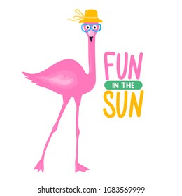 Vector summer card with funny pink flamingo. Trendy illustration. Tropical bird. Animal exotic. Element for print design, greeting card, posters, party decorations.  Cute flamingos. Fun in the sun.