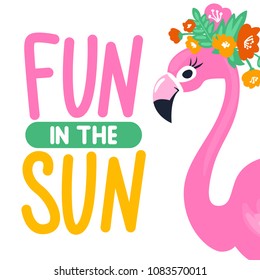 Vector summer card with funny pink flamingo. Trendy illustration. Tropical bird. Animal exotic. Element for print design, greeting card, posters, party decorations.  Cute flamingos. Fun in the sun.