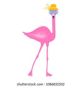 Vector summer card with funny pink flamingo. Trendy illustration. Tropical bird with glasses. Fashion animals. Element for print design, greeting card, posters, t-shirts.  Cute flamingos. 