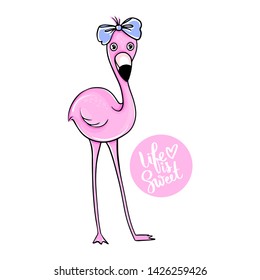 Vector summer card with funny pink flamingo. Trendy illustration. Tropical bird with bow. Fashion animals. Element for print design, greeting card, posters, t-shirts. Cute flamingos.