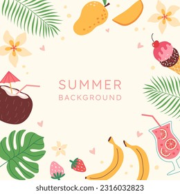 Vector summer card with hand drawn tropical leaves, flowers, exotic fruits, ice cream, beach accessories. Modern template for poster, banner, social media post, cover, invitation.
