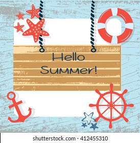 Vector Summer Card with Navigation Wheel, anchor and starfish on Vintage Grunge Background. Maritime theme Summer card