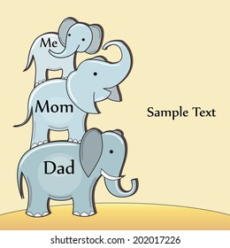 Vector summer card with painted family of elephants. Illustration for use in design