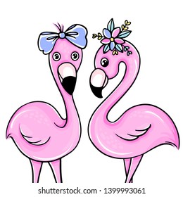 Vector summer card with pink funny flamingos. Trendy illustration. Tropical bird. Animal exotic. Element for print design, greeting card, posters, party decorations.