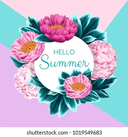 Vector Summer Card with Pink Peonies and Blue Leaves on Geometrical Background