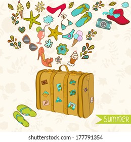 Vector summer card with retro suitcase. 