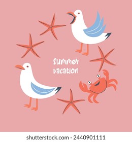 Vector summer card with seagulls, crab and starfish