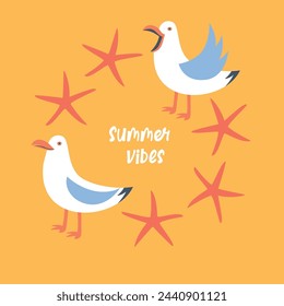 Vector summer card with seagulls and starfish