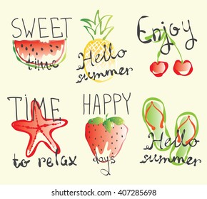 Vector summer card with sweet watermelon, strawberry, pineapple, hot sun.