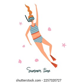 Vector summer card with swimming, diving  woman in the sea or ocean, seashells and lettering Summer Time. Summer vacation concept. Flat cartoon illustration with swimming girl in snorkeling mask.