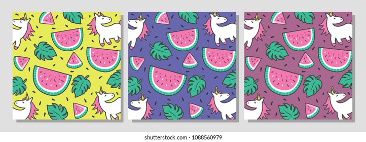 Vector summer card with watermelon and unicorns. Summer vector illustration. Wrapping paper or fabric.