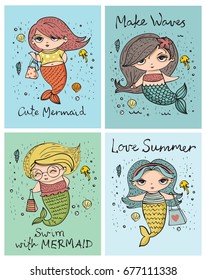 Vector summer cards with cute fashion girls mermaids under the sea and funny hand drawn lettering