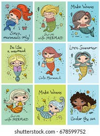 Vector summer cards with cute fashion girls mermaids under the sea and funny hand drawn lettering