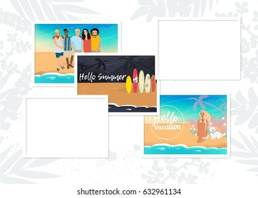 Vector summer cards in different frames at white textured paper background. Hello summer. Palm leaves and tropical flowers. -stock vector
