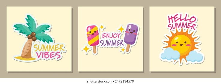 Vector summer cards with fruits and phrases. Beautiful posters, stickers for kids t-shirts, rooms, or bedrooms. Backgrounds with summer fruits, ice cream, trees, and sun. Hand-drawn letters