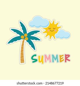 Vector summer cards with phrases. Beautiful posters, stickers for kids' t-shirts, rooms, or bedrooms. Beautiful backgrounds with summer fruits, ice cream, trees, and sun. Hand-drawn letters.